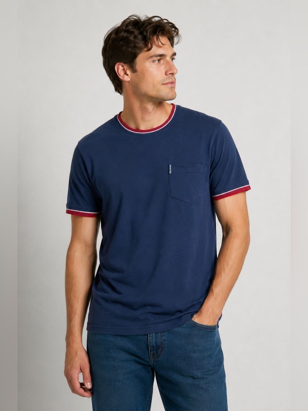 Ben Sherman Shirt Men Size S Navy Blue Pocket Ringer Neck Arm Red White NWT